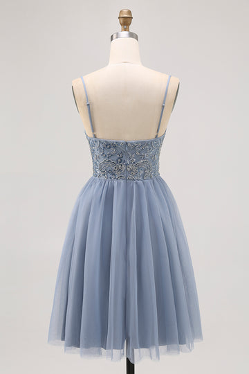 Grey Blue A-line Tulle Short Homecoming Dress with Beading